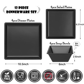 12 Piece Melamine Plates and Bowls Sets Square Dinner Set with Plates, Dishes, Bowls, Black Square Dinnerware Sets -Serving Platers for 4 Dishwasher Safe