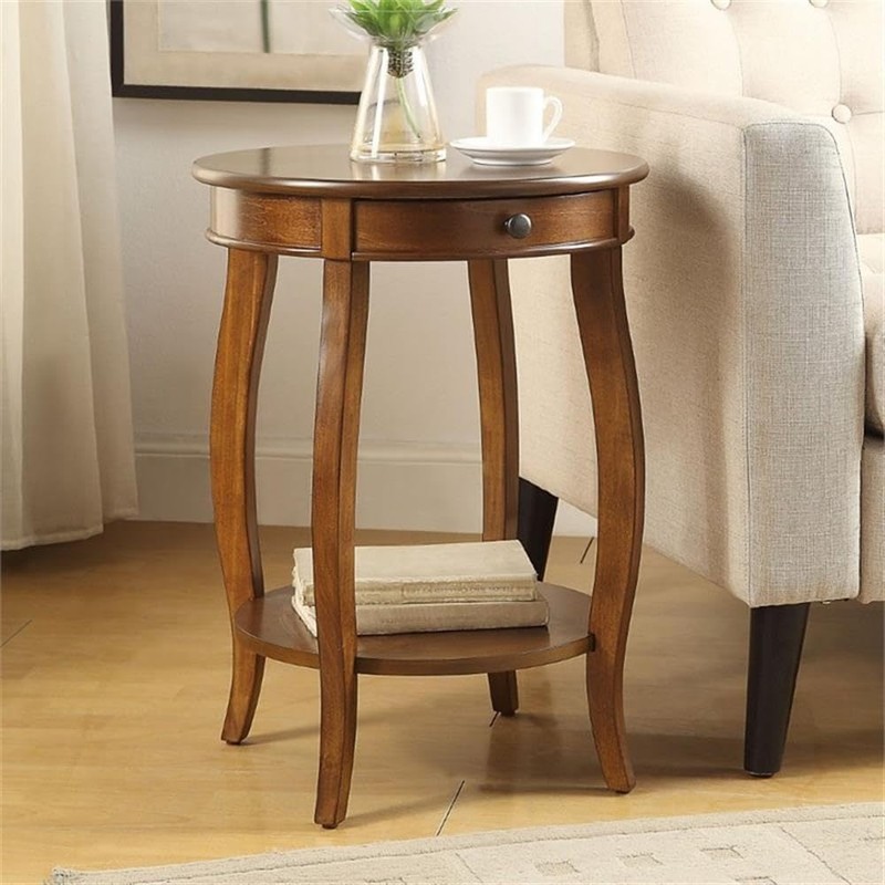 Acme Alysa Wooden Round End Table with Bottom Shelf in
