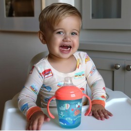 Nuby No-Spill Two Handle Baby’s First Soft Spout Cup with Hygienic Cover | 2 Pack Printed: Aqua Ocean & Pink Animal Prints | 8oz/ 240 ml | 4+ Months | 2 pack