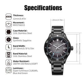 Diver Watch Classic Dial Automatic MIYOTA8215 Mechanical Movement 30M Water Resistant - WM046, Black, Bracelet Type