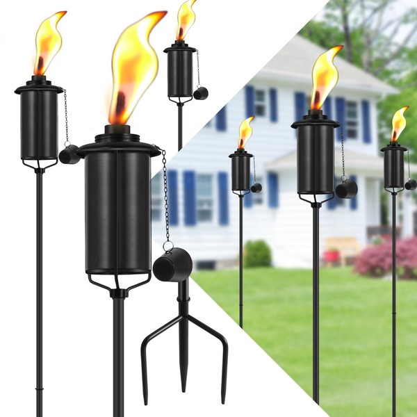 FAN-Torches Home Garden Torch Set of 6, 16oz Outdoor Metal Torch Garden Décor,59-Inch Upgraded Citronella Torches with 3-Prong Grounded Stake, Metal Light Torches for Party Patio Pathway
