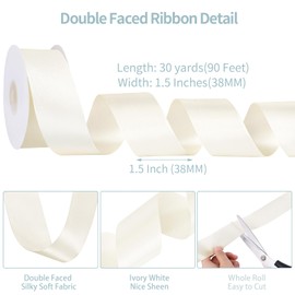 1 1/2 inch Double Faced Ivory Satin Ribbon, 30 Yards Cream Ribbon Valentines Ribbon for Flower Bouquet Crafts Gift Wrapping Wedding Party Valentine's Day Mother's Day Decorations