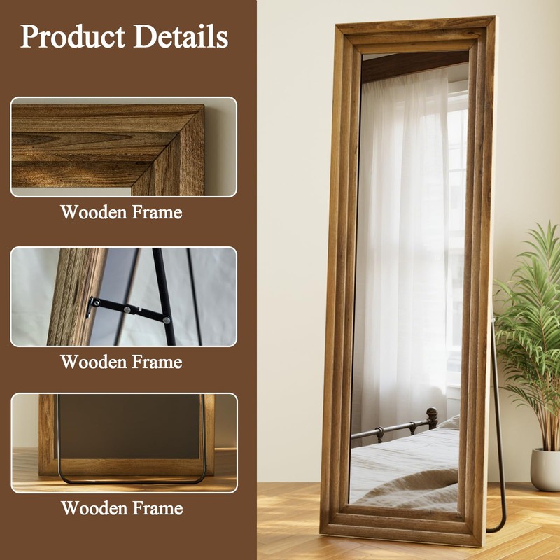 Full Length Mirror 65"X22", Brown Large Floor Mirror with Solid