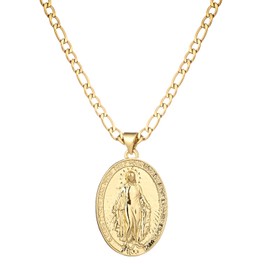 yipima 14K Gold Plated Oval Guadalupe Virgin Mary Pendant Necklace for Women Men, 3mm Flat Figaro Stainless Steel Chain Necklaces (chain length: 18")
