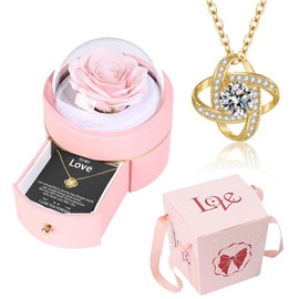 Caja de rosas preservada hecha a mano con collar de trébol de cuatro hojas, cajas de joyería de rosas de poesía, regalos para mujeres, su mamá, esposa, novia en San Valentín, día de la madre con