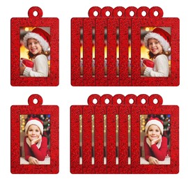 Pack of 20 Christmas Photo Ornament Frame Christmas Tree Glitter Picture Frame Felt Hanging Photo Frame for Holiday Christmas Tree Decoration (Red, Rectangular)