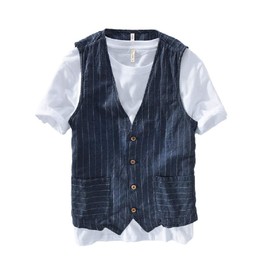 Lazutom Men's Summer Casual Cotton Linen Sleeveless Thin Vest Beach Waistcoat (Asian M, Nave Blue)