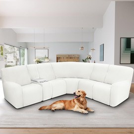 ALIECOM 100% Waterproof Recliner Console Cover for L Shaped Sectional Recliner Couch Covers Stretch 2-Piece Middle Console Slipcovers for Recliner Sofa Loveseat Protector (1 Console, White)