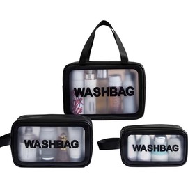 Clear Toiletry Bag, 3Pcs Clear Travel Toiletries Bag, Waterproof Clear Makeup Bags, PVC Wash Bag for Travel Bathroom Men Women(Black)