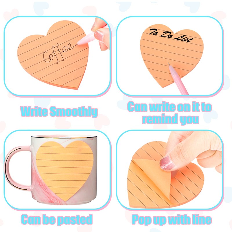 Teling 24 Pcs Heart Shape Lined Sticky Notes Cute Sticky