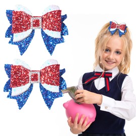 Vsdski 4th of July Bow Hair Clips USA Flag Barrettes Red Blue White Bows Hairpin Sparkly Glitter Rhinestones Alligator Clips Independent Day Patriotic Hair Accessories for Women Girls 2PCS