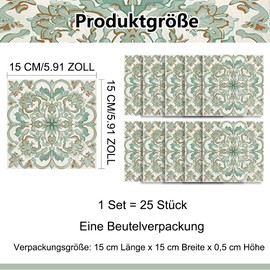 25 Stück Marokkanische Fliesenaufkleber 15x15 cm Vintage Grün Selbstklebende Fliesen Aufkleber für Bad und Küche, Abziehen und Aufkleben DIY-Spritzschutz für die Küche,Aufklebender Vinyl-Wanddekor