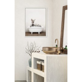 Kate and Laurel Sylvie Baby Zebra in Rustic Bath Framed Canvas Wall Art by Amy Peterson Art Studio, 18x24 White, Modern Fun Decorative Bathtub Wall Art for Home Décor