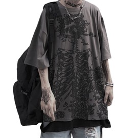 Women Y2K Alt Emo Goth Skeleton Rose Dark Academia Cool Tops, Grunge Men Punk Harajuku Unisex Korean T Shirt Blouse (Grey,2XL,XX-Large)