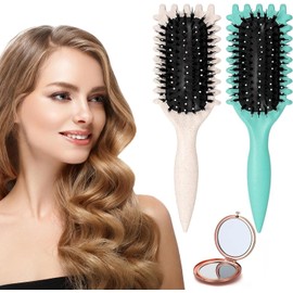 Cepillo para rizos, Cepillo Para Cabello Rizado Para Mujeres,cepillo de estilo de pelo rizado con bordes esquinas y espejo de maquillaje plegable,para peinar y dar forma a los，3Pcs. (Verde y blanco)