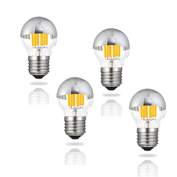 KY LEE Filament LED Bulbs, G45 E26 Base, 6W Bulb Color Equivalent, 2700K, Wide Light Distribution, Half Chrome, LED Bulbs, Classic Retro Bulbs, Decorative Bulbs, LED Bulbs for Chandeliers (4 Pack)