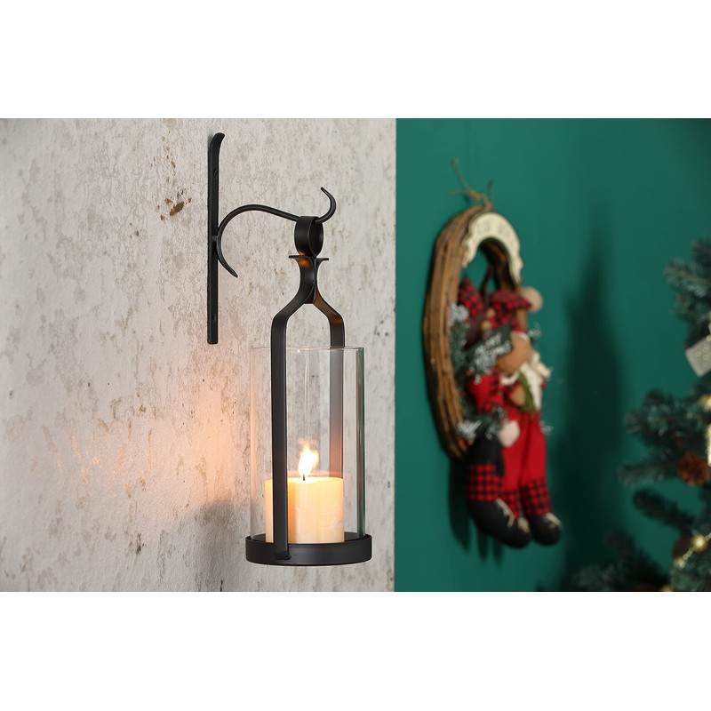 Souliron Hanging Hurricane Glass Wall Sconce Candle Holder Black Metal