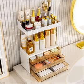 StorBin Makeup Organizer - Upgrade 2 Tier 3 Drawers Bathroom Counter Organizer, Versatile Perfume Organizer, Exquisite Vanity Organizer, Large Skincare Organizers, Amber