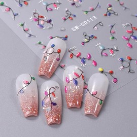 Christmas Nail Stickers Winter Colorful Light Nail Art Decals 5D Self-Adhesive Embossed Nail Stickers Glitter Bow Tie Xmas French Design Nail Art Supplies for Women DIY Manicure Decor Accessories
