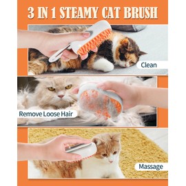 Frelara Cat Steam Brush for Shedding - 3 in 1 Steam Cat Brushes for Grooming and Massage - Adjustable Cat Brush with Steam for Dogs, Removing Tangled and Loose Hair (White & Orange)