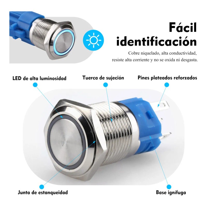 3 Push Button Metal Iluminado 16mm Impermeable Momentáneo Azul