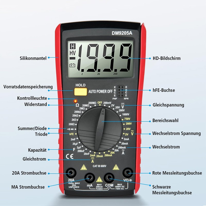 Digital Multimeter,Voltage Tester Electrical Tester 2000 Counts, Ranging Multi Meter