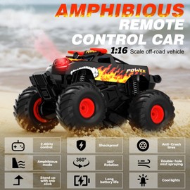 Eallpha Amphibious Remote Control Car 4WD | RC Monster Truck with Dual Spray Mist & Led Lights,1:16 Scale Waterproof RC Cars for All Terrain Off-Road Pickup Toys Gifts for Boys/Girls Age 8-12+