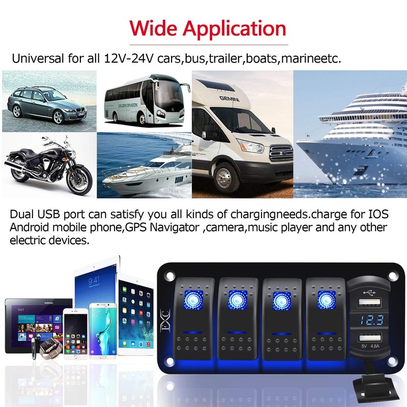 Purishion 4 Gang Rocker Switch Aluminum Panel with Voltmeter &