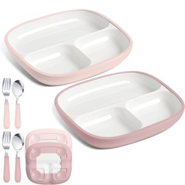 Teenyyou 2 Pcs 8.2" Large Kids Porcelain Plates with Silicone Sleeves Toddlers Divided Plates Extra Deep White Porcelain Dishes 2 Pack Spoons and Forks Set Microwave Dishwasher Friendly (White,Pink)