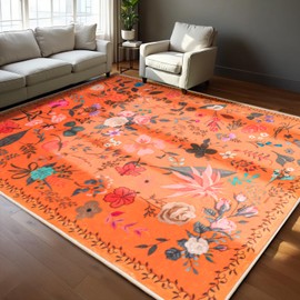 CRYPTOLITE Rugs for Living Room, Floral 6x9 Non Slip Machine Washable Large Living Room Rug, 0.27″ Low Pile & Non-Shedding Boho Large Area Rug for for Livingroom, Bedroom, Dining Room (Orange)