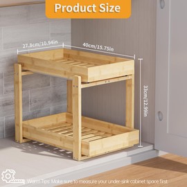 LONTAI Bamboo Wood Under Sink Organizer 2 Pack, Pull Out Cabinet Organizer 2 Tier Under Sink Organizers and Storage w/Sliding Drawer Sturdy Easy Assembly for Kitchen Bathroom Undersink, Natural