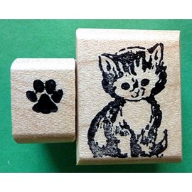 Cute Kitten and Mini Paw Print Rubber Stamp Set of 2