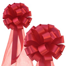 Red Wedding Pull Bows with Tulle Tails - 8" Wide, Set of 6, Wedding Pew Bows, Christmas, Birthday, Reception Decor, Birthday, Party Decoration, Valentine's Day