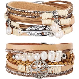 Adramata Boho Leather Wrap Cuff Bracelet for Women and Girls, Multilayer Tree of Life Bracelet, Magnetic Buckle Bracelet, Bangle Jewellery for Mother, Friends, Pack of 2, Leather