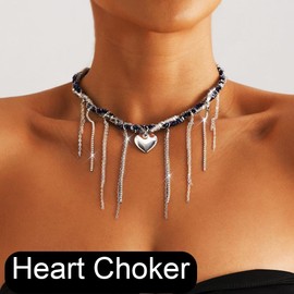 Flimire Heart Chunky Choker Necklace for Women Y2K Layered Rhinestone Necklaces Goth Irregular Tassel Necklaces Jewelry Gift, one size, Metal, No Gemstone