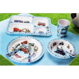Vehicle Dinner Set 5 Piece Kids Dinner Set Tableware Lunch Reusable Plate Cutlery Bowl Tumbler Cup Tray Lightweight Premium Dinnerware Set HTUK®
