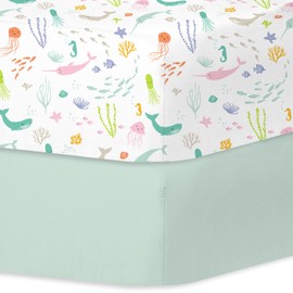 Little Grape Land Cot Sheets for Boys Girls, 2 Pack Cot Sheets Fitted Size 70 * 140 * 17cm for Crib and Toddler Mattresses, Soft Breathable Microfibre, Ocean World/Mint Green