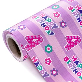 WRAPAHOLIC 4th Birthday Wrapping Paper - Mini Roll - 17 Inch X 33 Feet - Pink Floral Happy Birthday for Girls Birthday, Party, Holiday