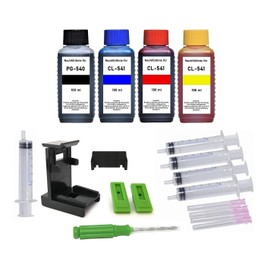 Refill Set - 4 x 100 ml Refill Inks Compatible with Canon PG-540 (XL) and CL-541 (XL) Printer Cartridges 100 ml Each Black, Cyan, Magenta, Yellow, Adapter, Hand Drill, Filling Instructions,