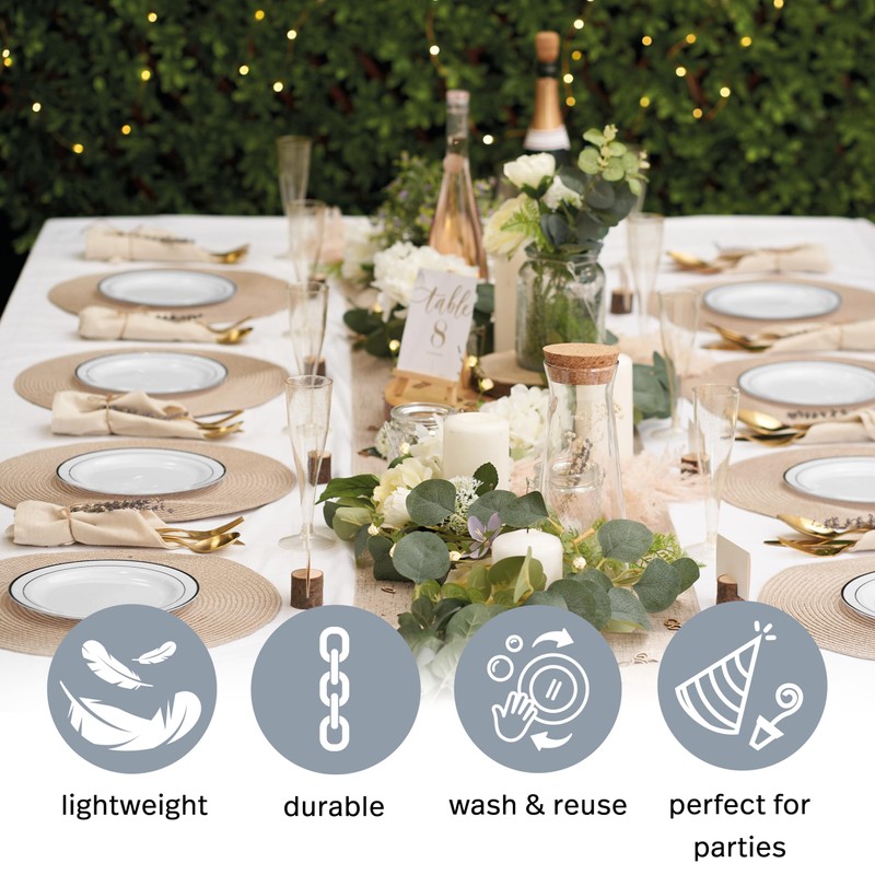 MATANA 25 Premium White Plastic Dessert Plates with Silver Rim,