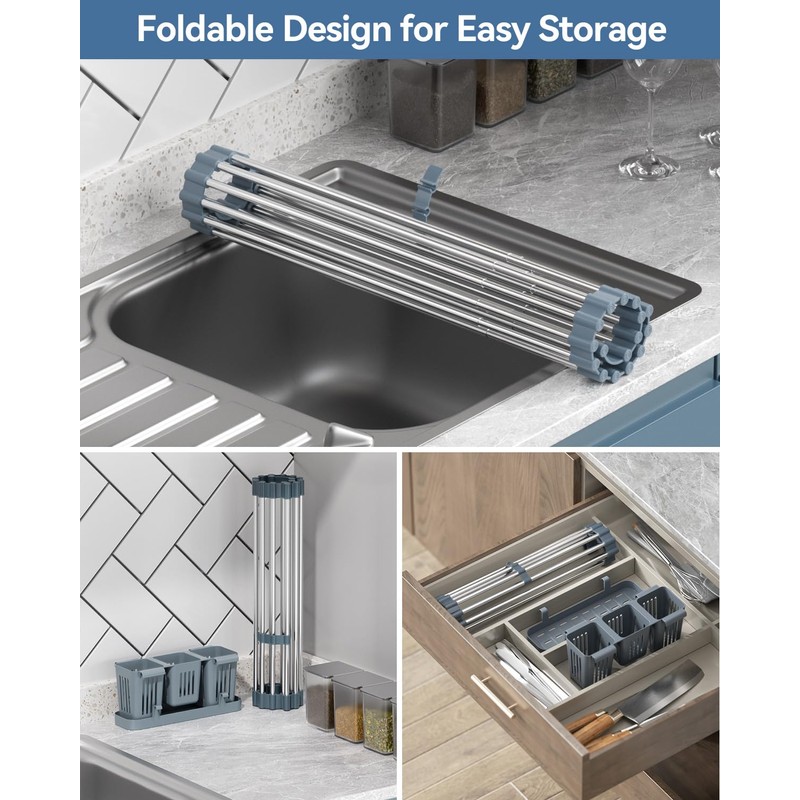 LIONONLY Expandable Roll Up Dish Drying Rack, 304 Stainless Steel
