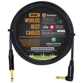 50 CM - Gotham GAC-1 Ultra Pro - Premium, Low-Capacitance (21 pf/Ft) Guitar Bass Instrument Cable - with Straight to Angled 6.35mm Neutrik Gold Plated TS Connectors