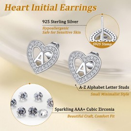 Suplight Earrings Silver 925 Letters A-Z, Heart Stud Earrings for Girls Women Daughter Birthday Christmas Valentine's Day Gifts, White Gold, Cubic Zirconia