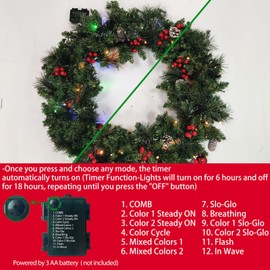 Remote Control- 24 Inch Christmas Wreath 50 Light Warm White & Colorful Lights 8 Mode Lifelike Snowy Pine Branch Pinecone Berry Clusters, Detachable Christmas Wreath for Door Window Mantle