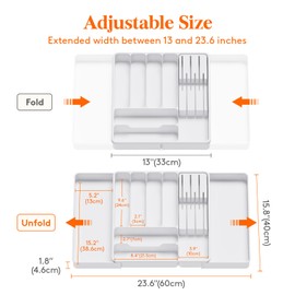 Lifewit Silverware Organizer for Kitchen Drawers, Expandable Utensil Tray with Removable Knife Block, Adjustable Cutlery and Flatware Holder, Plastic Spoon Forks Holder Storage Divider, Large, White