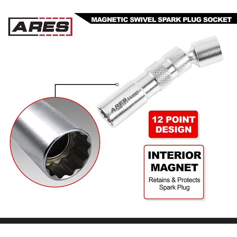 ARES 11000-14mm Thin Wall Magnetic Swivel Spark Plug Socket -