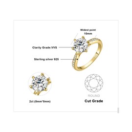 JewelryPalace Classic 2ct Cubic Zirconia Solitaire Engagement Rings for Women, 925 Sterling Silver 14K Yellow Gold Plated Promise Ring for Her, Round Cut Simulated Diamond Anniversary Wedding RingsR