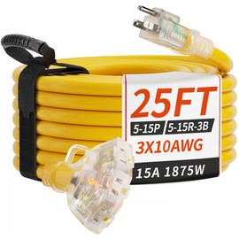 PlugSaf 25 FT 10/3 Gauge Outdoor Extension Cord with Multiple Outlets Light Indicator, Flexible 3 Outlet Weatherproof Heavy Duty Extension Cord Waterproof Yellow, 15A 1875W 10AWG SJTW, ETL Listed