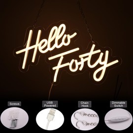 XUENEYSILED Hello Forty Neon Sign 40th Birthday Decorations for Women Happy Birthday Neon Sign 40th Gifts Wall Decor Happy Birthday Light Up Sign