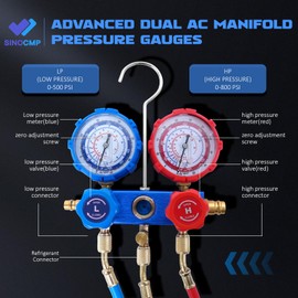 SINOCMP R410A R134A HVAC Manifold Gauge, 410A 134A Air Conditioner A/C Refrigerant Recharge Set, R22 R12 Diagnostic Gauges with Hoses Tool Kit
